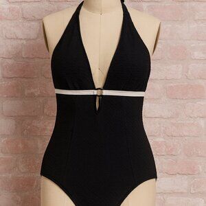 NWOT Jatzen Vintage One Piece Swim Suit Black Halter Top Size 12 Summer Swimwear